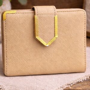 💎 Judith Leiber Leather Wallet / Clutch – Tan & Burgundy Interior